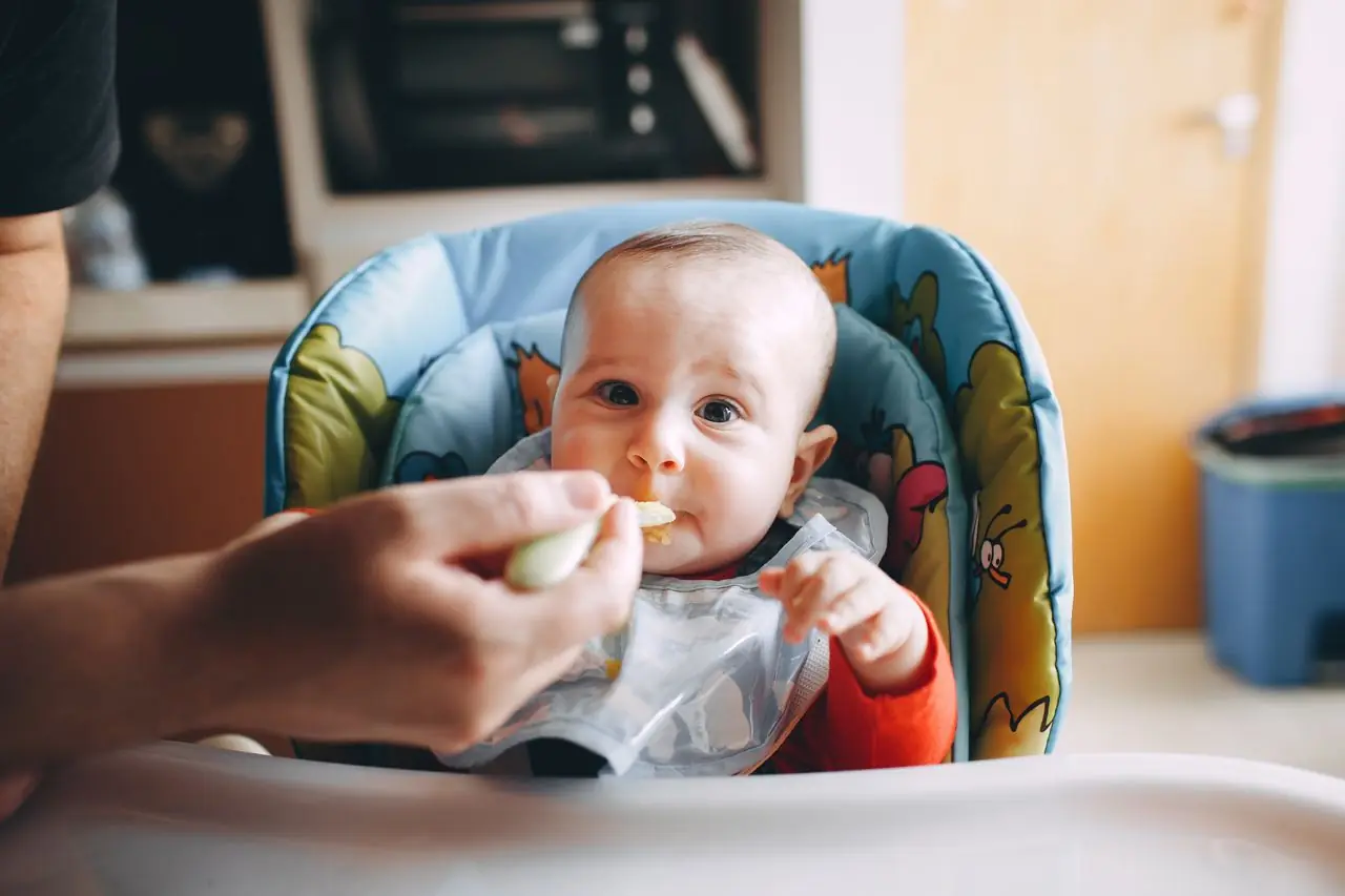 Bebé numa cadeira de refeição a ser alimentado à colher
